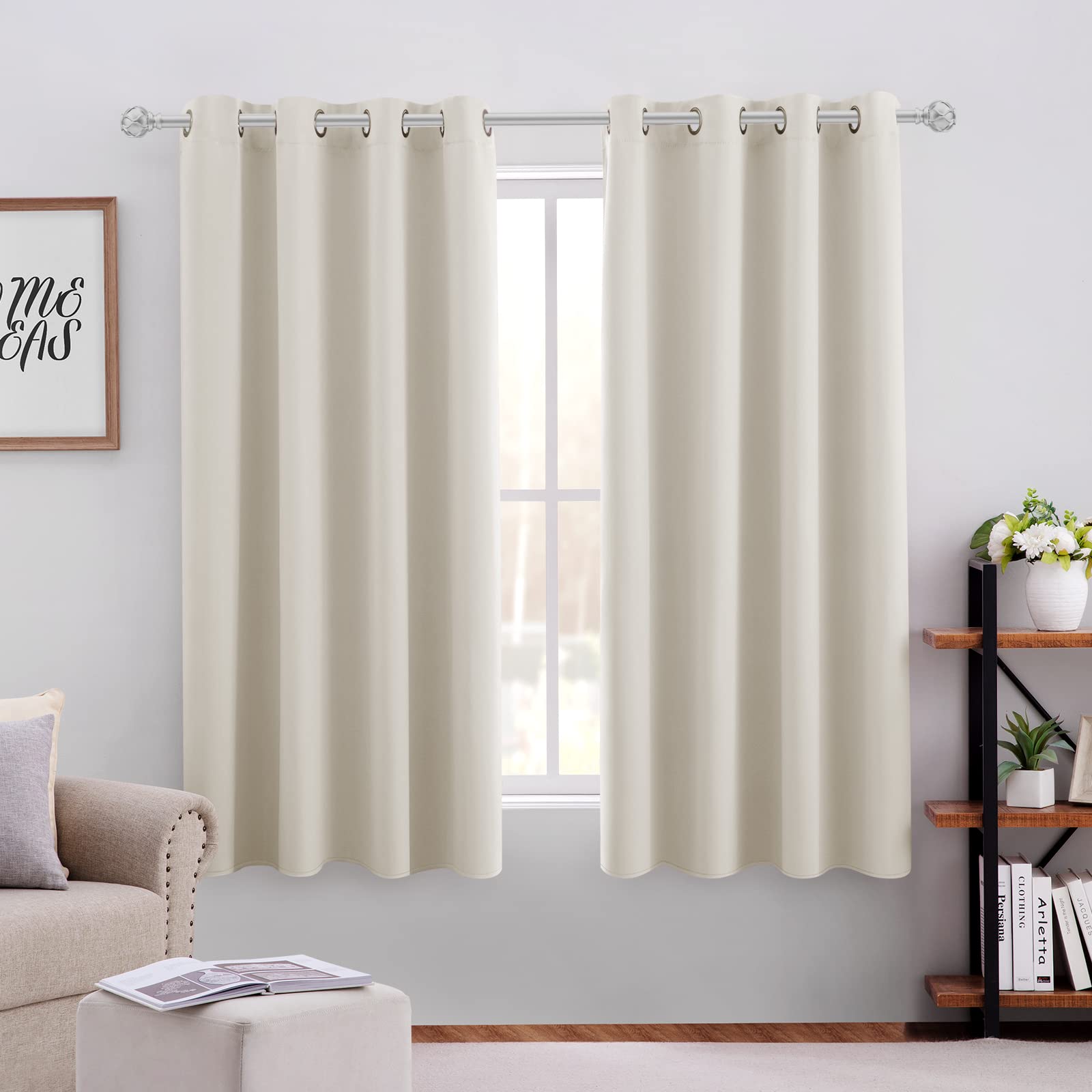 Homeideas Cream Beige Blackout Curtains For Bedroom 52 X 63 Inch Length 2 Panels Set Room Darkening Bedroom Curtains, Soundproof